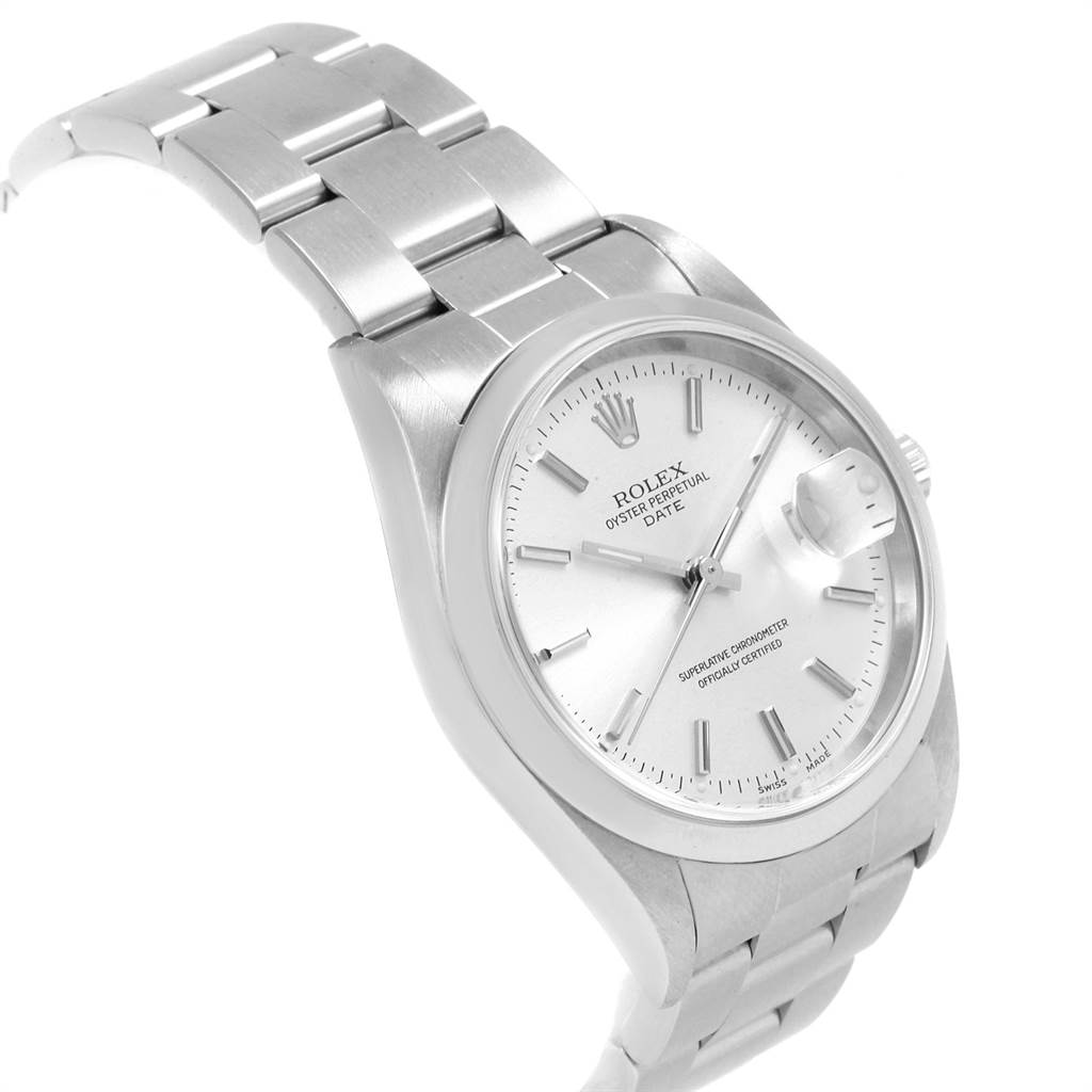 The image shows a Rolex Date 15200 Men's Stainless Steel Silver Dial 15200 Men's Stainless Steel Silver Dial model watch from an angled view, highlighting its face, bracelet, and crown.