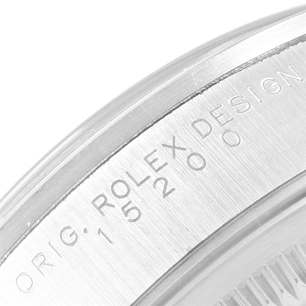 This image shows a close-up of the side of the Rolex Date 15200 Men's Stainless Steel Silver Dial 15200 Men's Stainless Steel Silver Dial model watch, highlighting the bezel with engraved text.