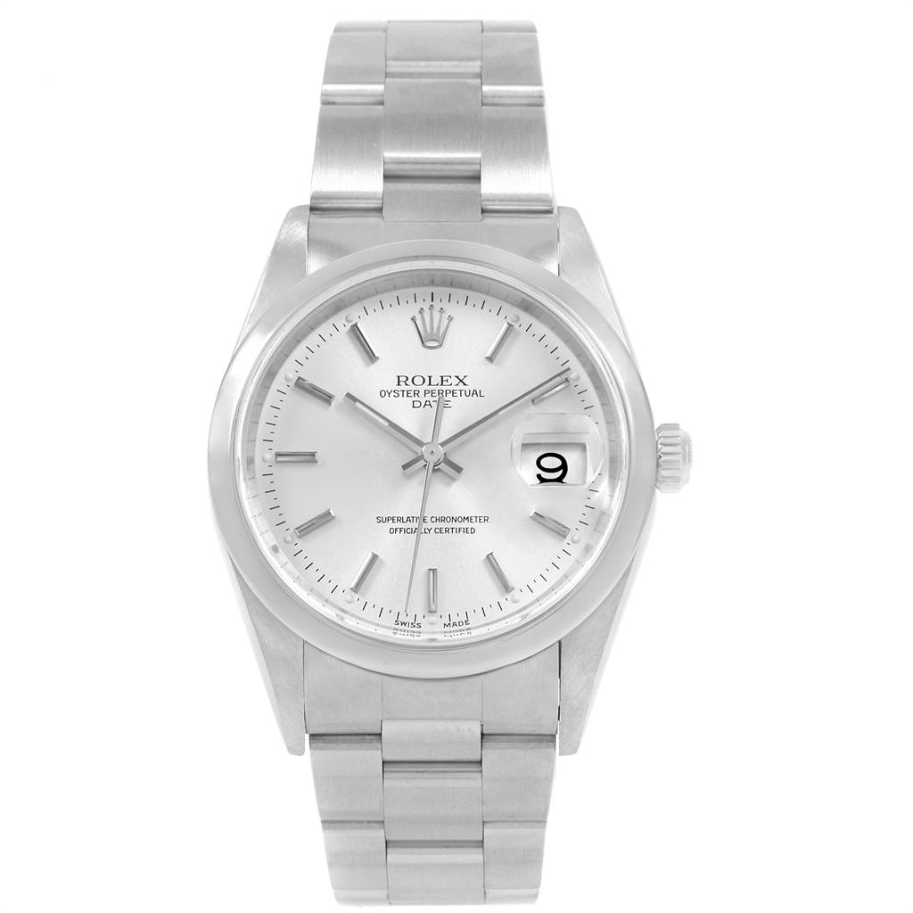 The image shows a front view of a Rolex Date 15200 Men's Stainless Steel Silver Dial 15200 Men's Stainless Steel Silver Dial model watch, displaying the dial, hands, date window, and bracelet.