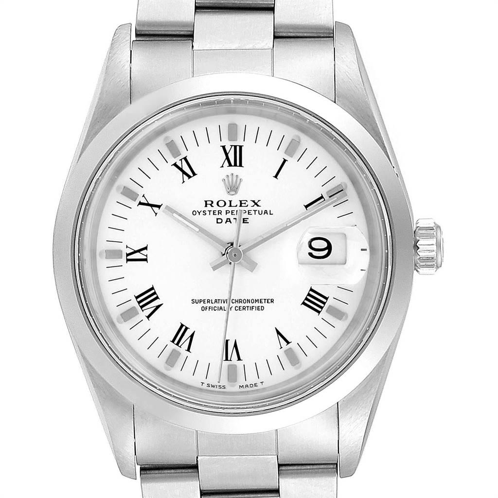 The image shows a front view of a Rolex Date 15200 Men's Stainless Steel White Dial 15200 Men's Stainless Steel White Dial model watch, displaying the face, bezel, and part of the bracelet.