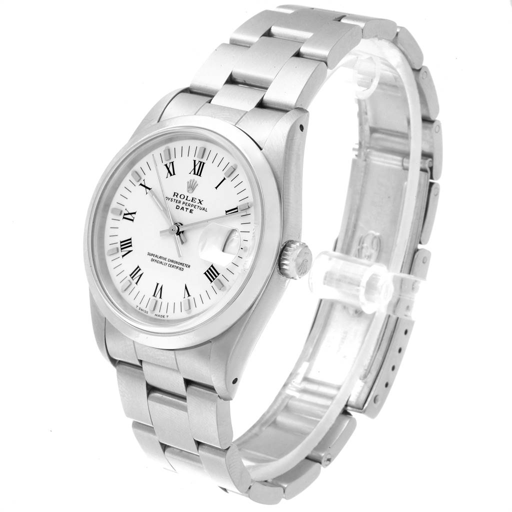 The image shows a Rolex Date 15200 Men's Stainless Steel White Dial 15200 Men's Stainless Steel White Dial model watch from an angled side view, highlighting its face, bracelet, and crown.