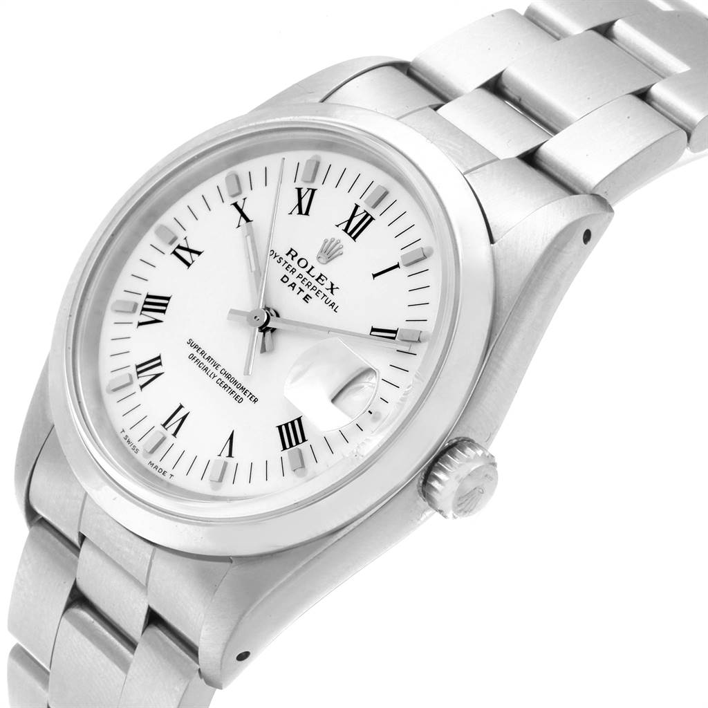 The image shows a Rolex Date 15200 Men's Stainless Steel White Dial 15200 Men's Stainless Steel White Dial model watch from an angled top view displaying the face, crown, and part of the metal bracelet.