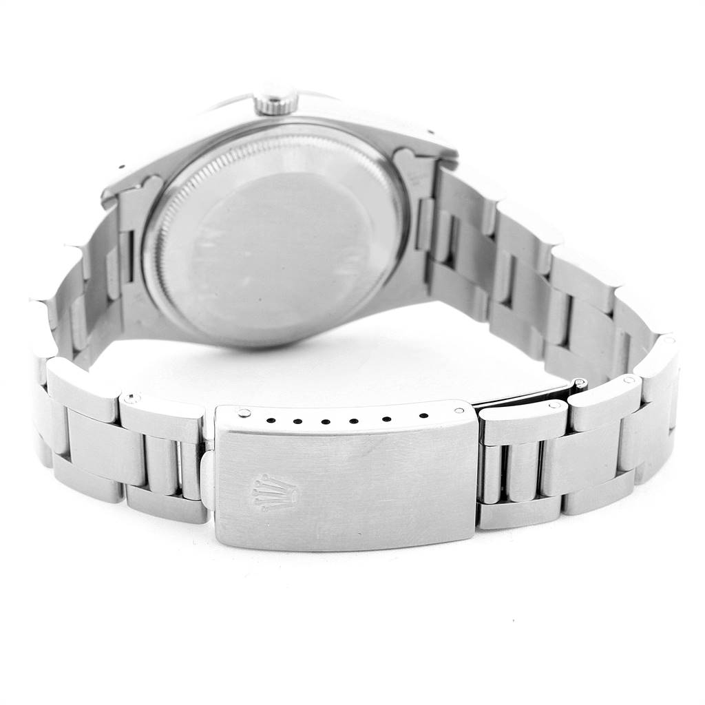 The image displays the back view of the Rolex Date 15200 Men's Stainless Steel White Dial 15200 Men's Stainless Steel White Dial model watch, focusing on its closed case back and stainless steel bracelet with a clasp.