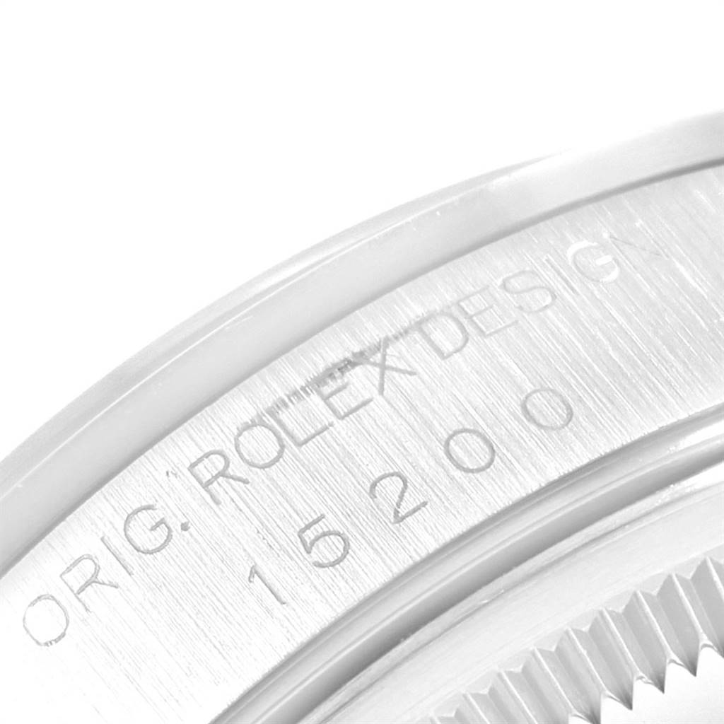 This close-up image shows the side of a Rolex Date 15200 Men's Stainless Steel White Dial 15200 Men's Stainless Steel White Dial model watch case, highlighting the engraved model number 15200.