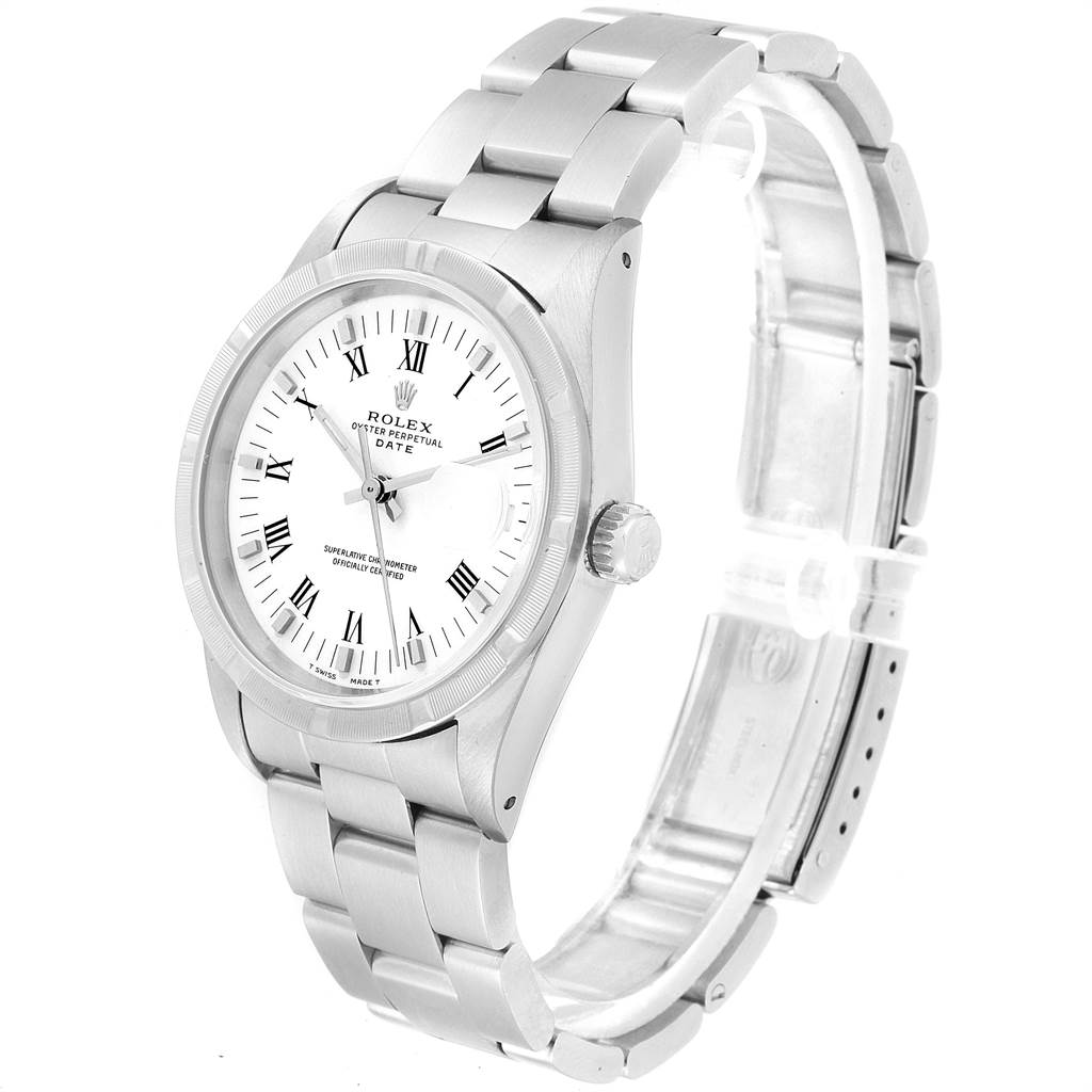 The image shows a Rolex Date 15210 Men's Stainless Steel White Dial 15210 Men's Stainless Steel White Dial model watch angled to display the face, bezel, crown, and stainless steel bracelet.