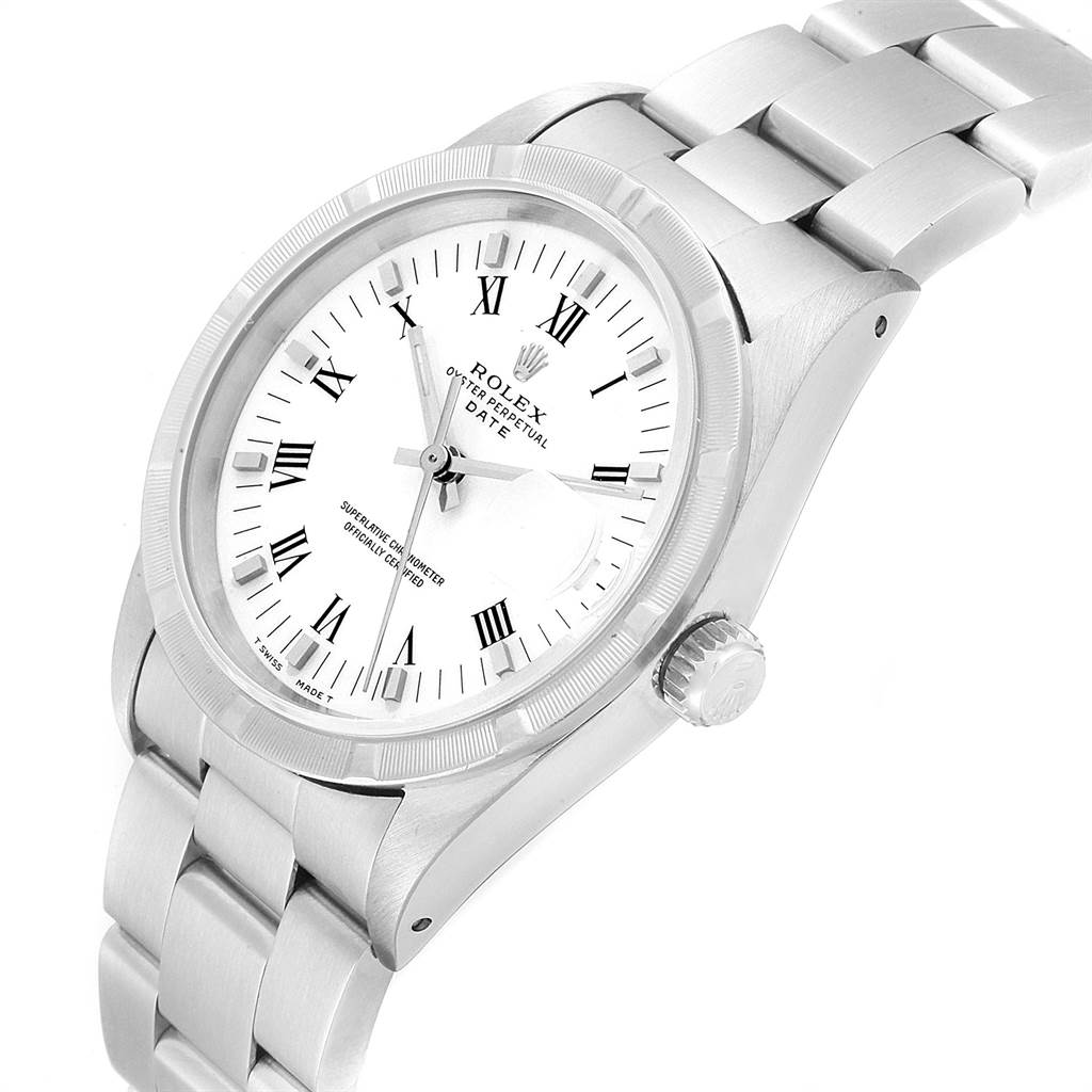 The image shows a Rolex Date 15210 Men's Stainless Steel White Dial 15210 Men's Stainless Steel White Dial model watch viewed from an angled perspective, highlighting the dial, bezel, crown, and bracelet.