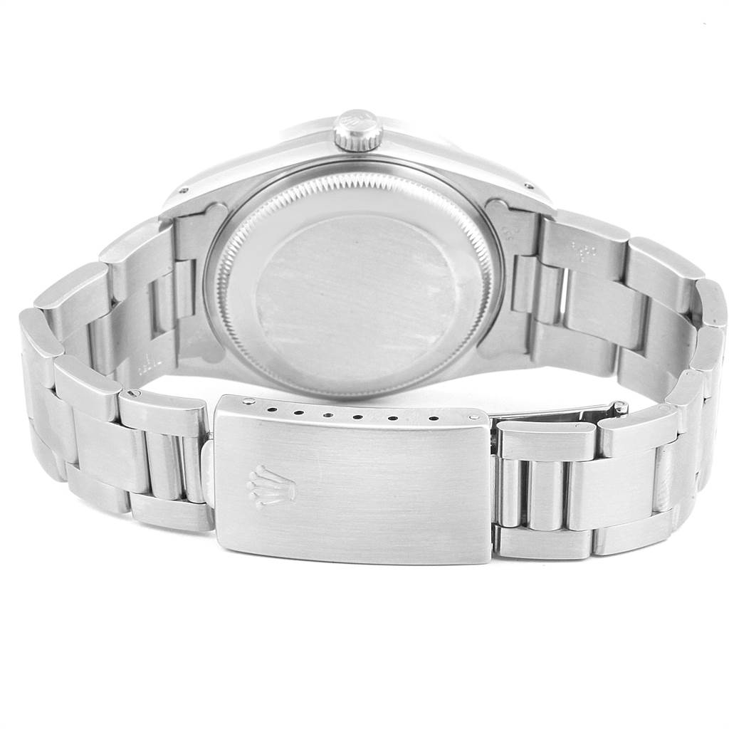 This image shows the back view of a Rolex Date 15210 Men's Stainless Steel White Dial 15210 Men's Stainless Steel White Dial model watch, highlighting its case back, bracelet, and clasp.