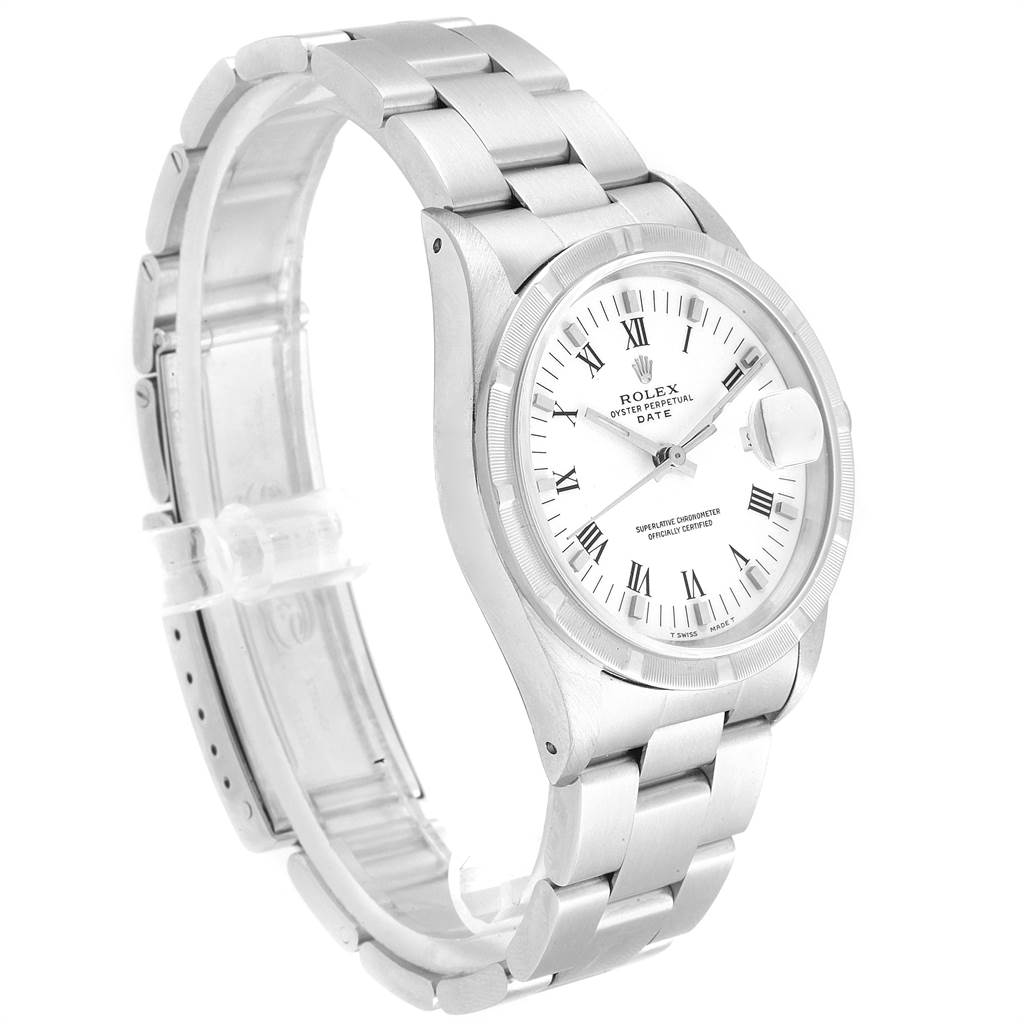 The image shows a side angle of a Rolex Date 15210 Men's Stainless Steel White Dial 15210 Men's Stainless Steel White Dial model watch, featuring its stainless steel bracelet and white dial with Roman numerals.