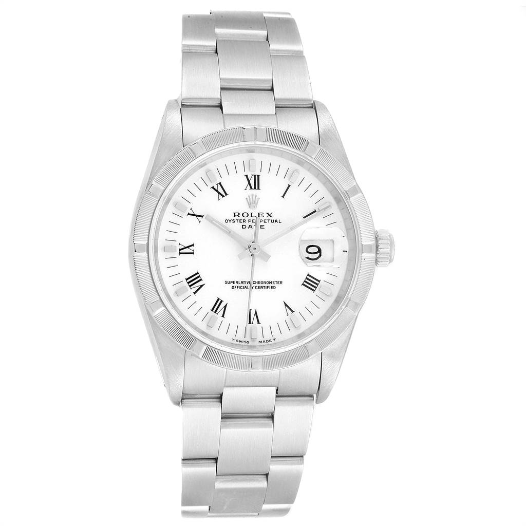 The image shows the front view of a Rolex Date 15210 Men's Stainless Steel White Dial 15210 Men's Stainless Steel White Dial model watch, including the dial, bezel, and full bracelet.