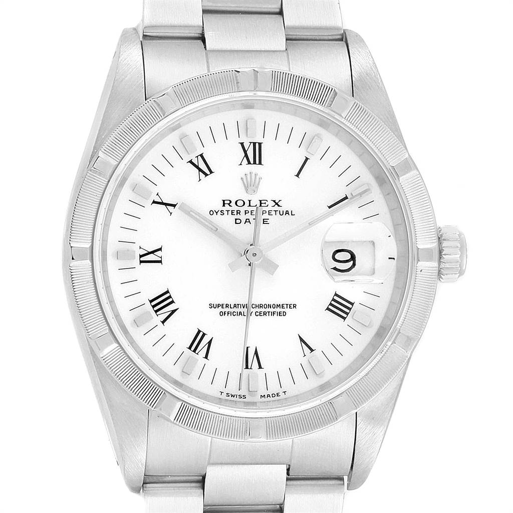 The image shows a front view of a Rolex Oyster Perpetual Date watch, highlighting its dial, bezel, and bracelet.
