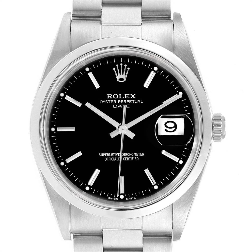 This image shows a front view of a Rolex Oyster Perpetual Date model watch, displaying the dial, case, and bracelet.