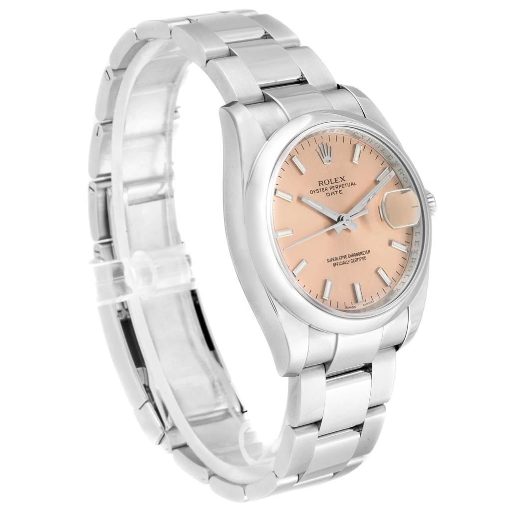 The Rolex Date 115200 Men's Stainless Steel Pink Dial 115200 Men's Stainless Steel Pink Dial model watch is shown at an angled view, displaying its face, bezel, and band.