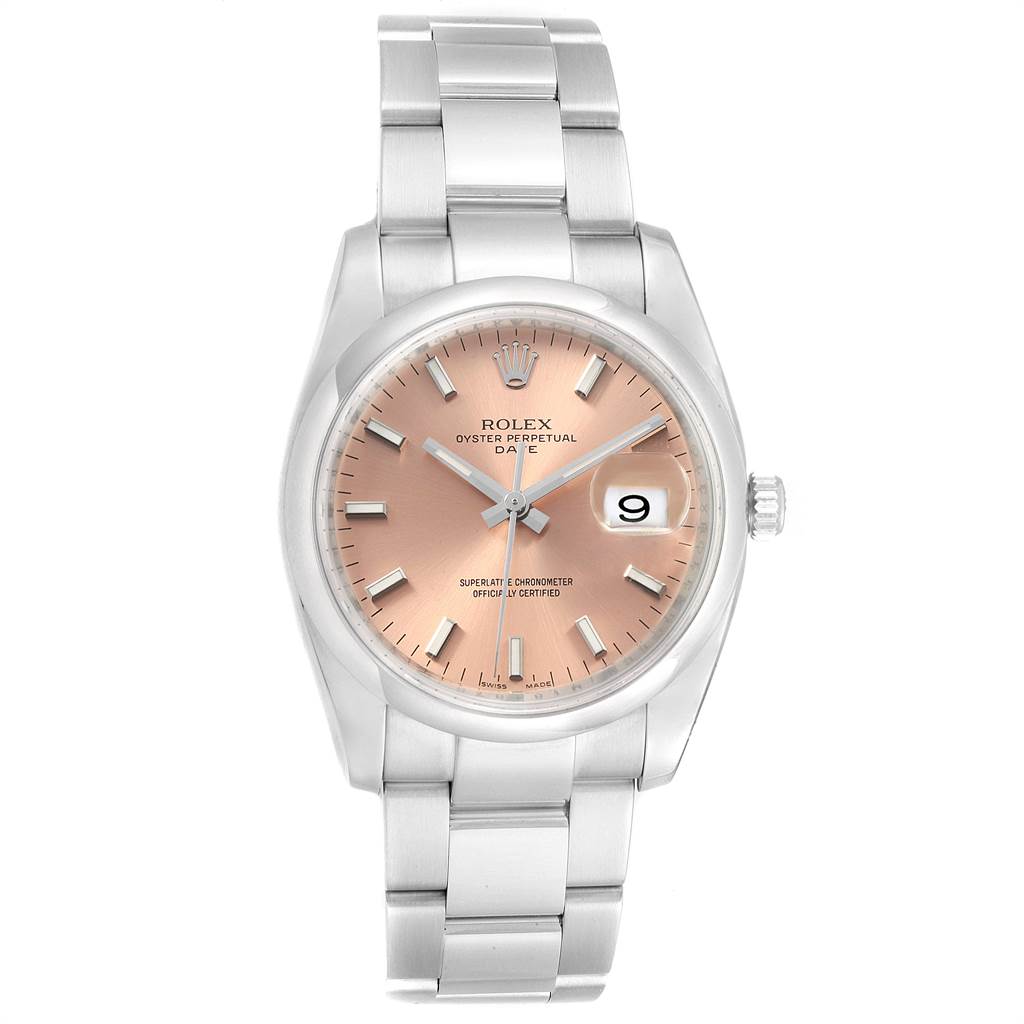 The image shows a front view of a Rolex Date 115200 Men's Stainless Steel Pink Dial 115200 Men's Stainless Steel Pink Dial model watch with a stainless steel band and a pink dial.