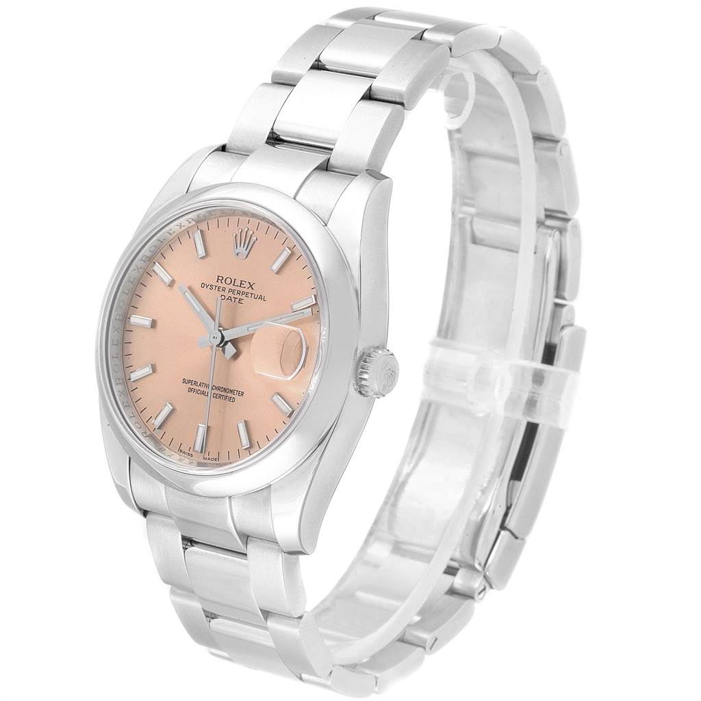 This Rolex Date 115200 Men's Stainless Steel Pink Dial 115200 Men's Stainless Steel Pink Dial model watch is shown at a slight angle, featuring the dial, bezel, crown, and bracelet.