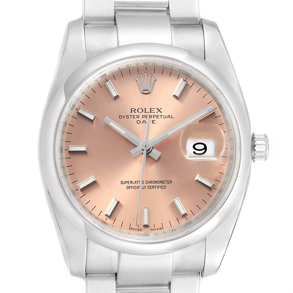 The Rolex Date 115200 Men's Stainless Steel Pink Dial 115200 Men's Stainless Steel Pink Dial model watch is shown from a straight-on angle, displaying its dial, date window, and part of the bracelet.