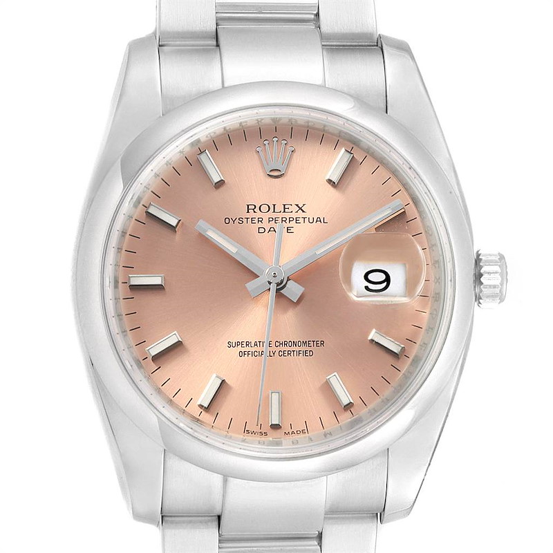 Rolex Date Salmon Dial Oyster Bracelet Steel Mens Watch 115200 SwissWatchExpo