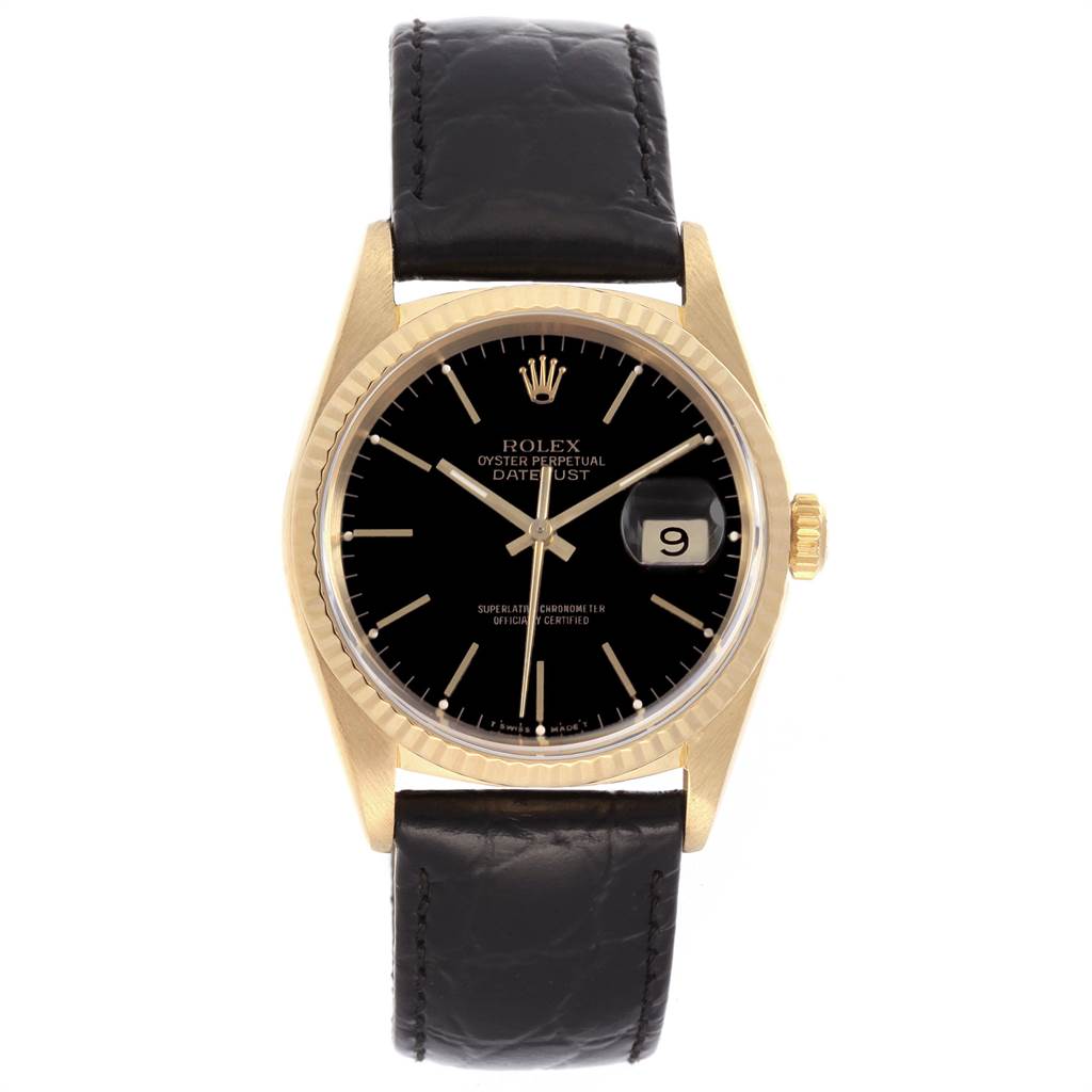 This image shows a front view of a Rolex Date 16238 Men's Yellow Gold Champagne Dial 16238 Men's Yellow Gold Champagne Dialjust watch featuring a black leather strap, gold case, and date window at 3 o'clock.