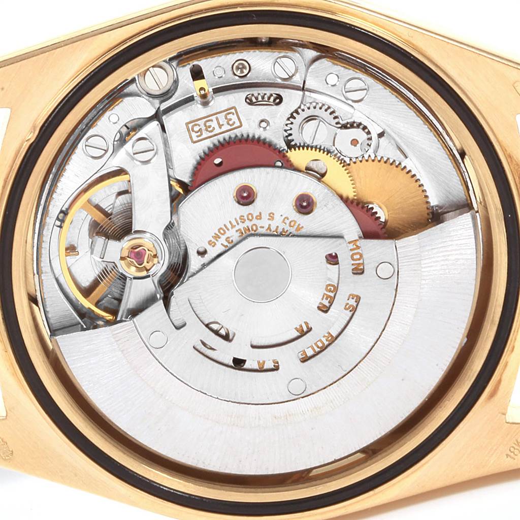 This image shows the movement components of a Rolex Date 16238 Men's Yellow Gold Champagne Dial 16238 Men's Yellow Gold Champagne Dial watch from the back angle.