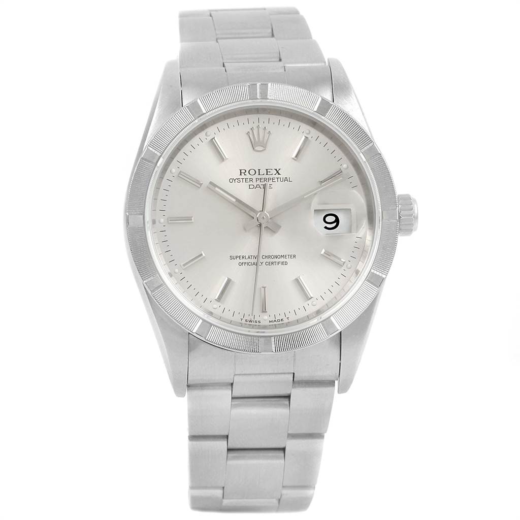 The image shows a front view of the Rolex Date 15210 Men's Stainless Steel Silver Dial 15210 Men's Stainless Steel Silver Dial model, highlighting its face, bezel, and bracelet.