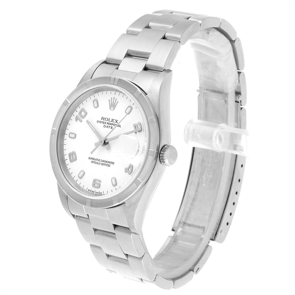 The Rolex Date 15210 Men's Stainless Steel White Dial 15210 Men's Stainless Steel White Dial watch is shown at a three-quarter angle, displaying its face, crown, and bracelet.
