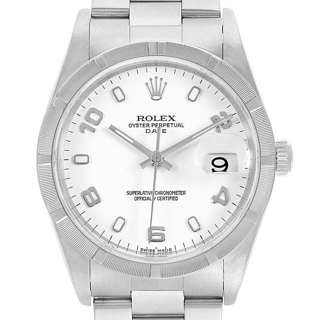 The image shows a front view of a Rolex Oyster Perpetual Date watch, highlighting its dial, bezel, and bracelet.