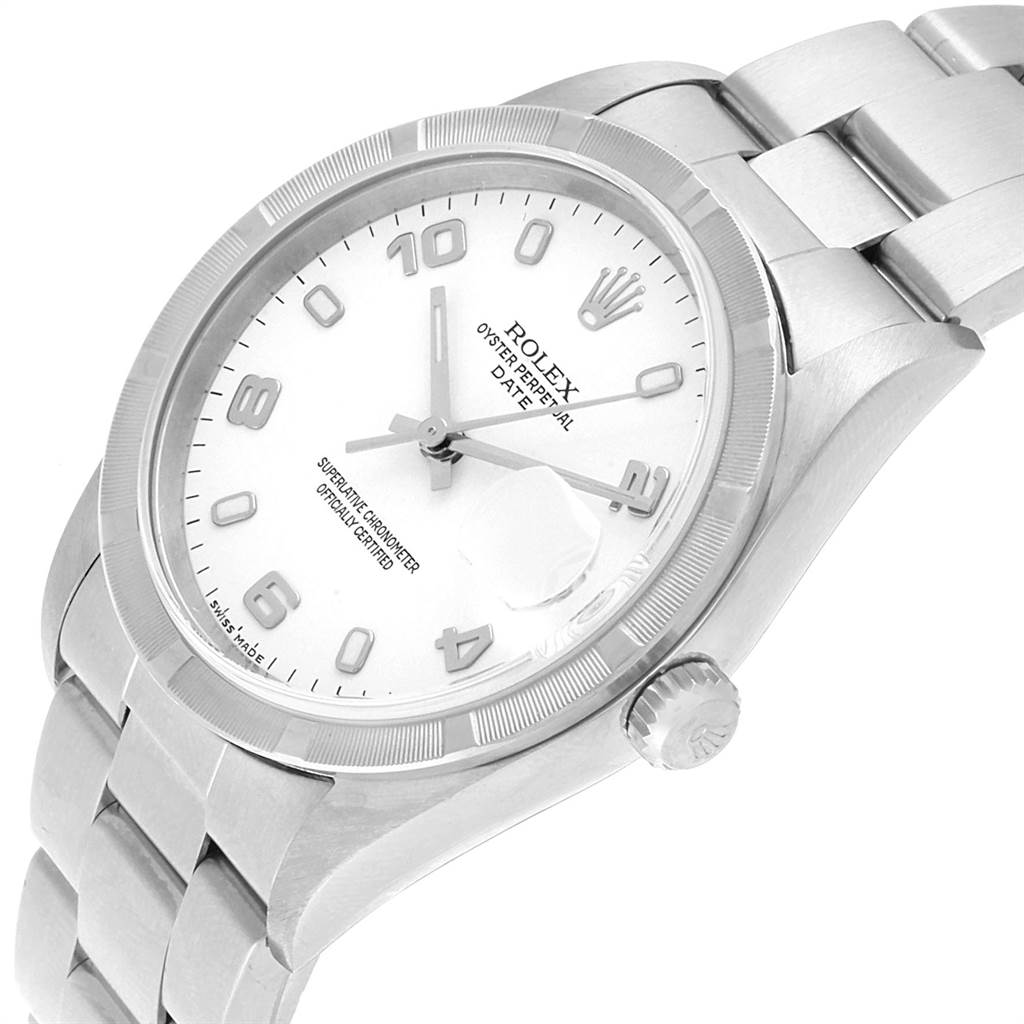 The image shows the front and part of the bracelet of a Rolex Date 15210 Men's Stainless Steel White Dial 15210 Men's Stainless Steel White Dial model watch from a slightly angled perspective.