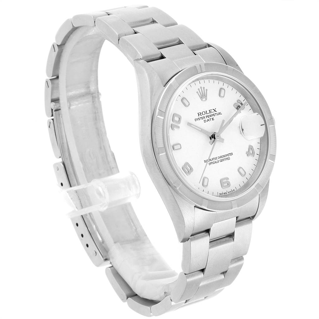 The Rolex Date 15210 Men's Stainless Steel White Dial 15210 Men's Stainless Steel White Dial model is shown at an angle highlighting its face, bracelet, and side profile.