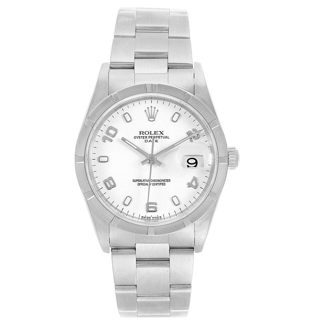 This image shows a front view of a Rolex Date 15210 Men's Stainless Steel White Dial 15210 Men's Stainless Steel White Dial model watch, displaying its dial, case, and bracelet.