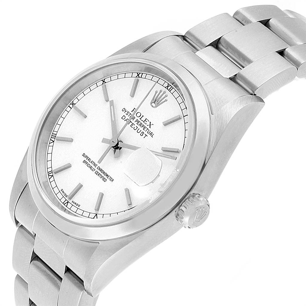 This image shows a Rolex Date 16200 Men's Stainless Steel White Dial 16200 Men's Stainless Steel White Dialjust watch from an angled top-down view, highlighting the dial, bezel, crown, and bracelet.