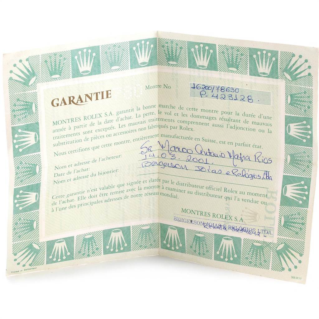 This image shows a guarantee certificate for a Rolex Date 16200 Men's Stainless Steel White Dial 16200 Men's Stainless Steel White Dial model watch.