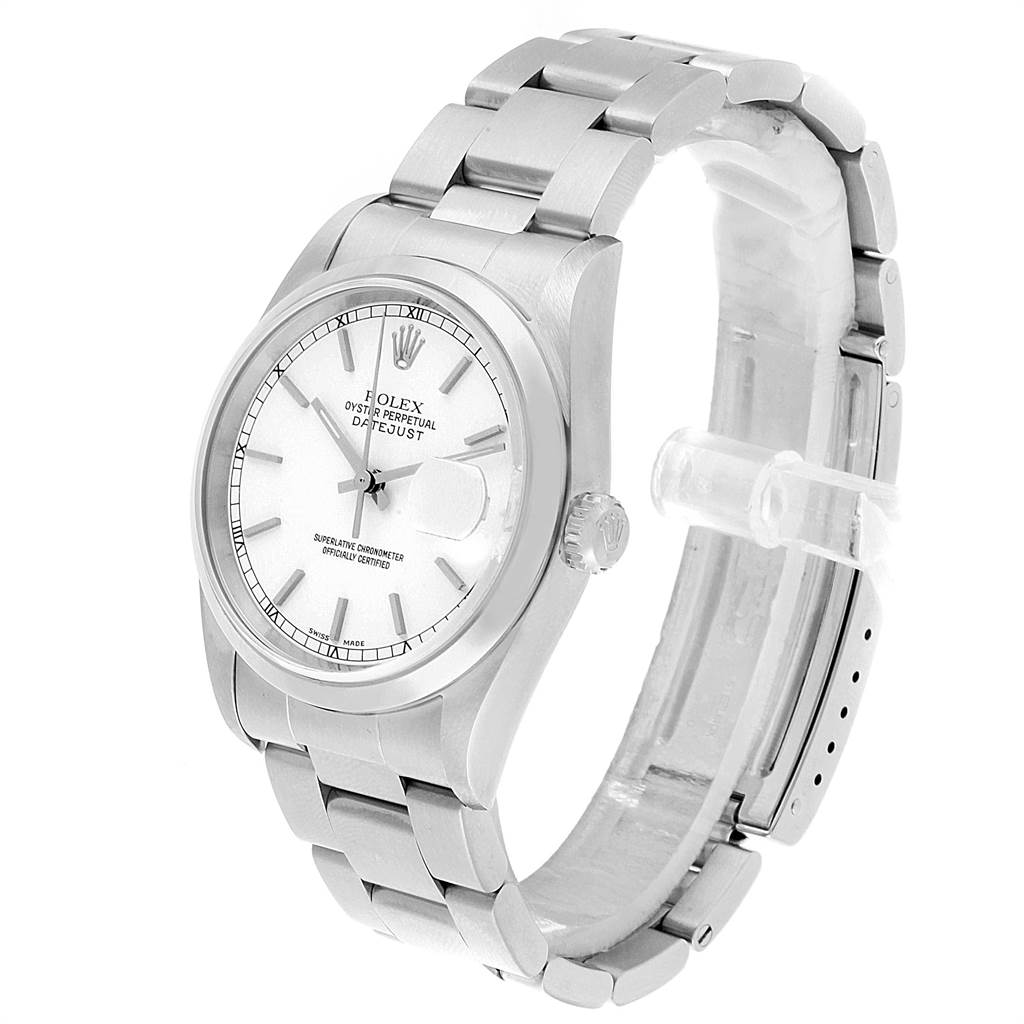 The Rolex Date 16200 Men's Stainless Steel White Dial 16200 Men's Stainless Steel White Dialjust watch is shown at a front-left angle, featuring the case, dial, bracelet, and crown.