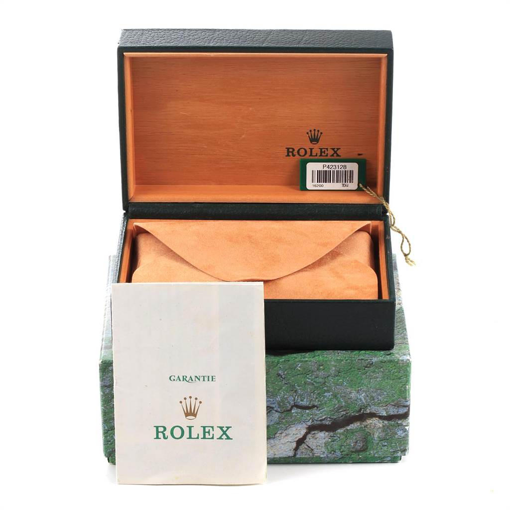 The image shows a Rolex Date 16200 Men's Stainless Steel White Dial 16200 Men's Stainless Steel White Dial model watch box, an inner pouch, and a warranty card.