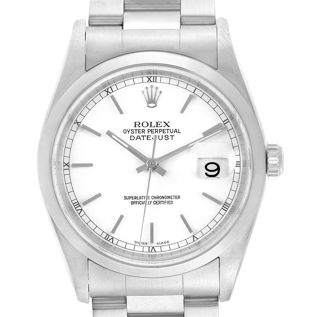 This image shows a front view of a Rolex Date 16200 Men's Stainless Steel White Dial 16200 Men's Stainless Steel White Dialjust watch, highlighting its dial, hands, date window, and bracelet.