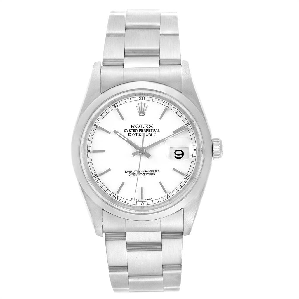 The image shows a front view of a Rolex Date 16200 Men's Stainless Steel White Dial 16200 Men's Stainless Steel White Dialjust model watch, displaying its dial, hands, date window, and metal bracelet.