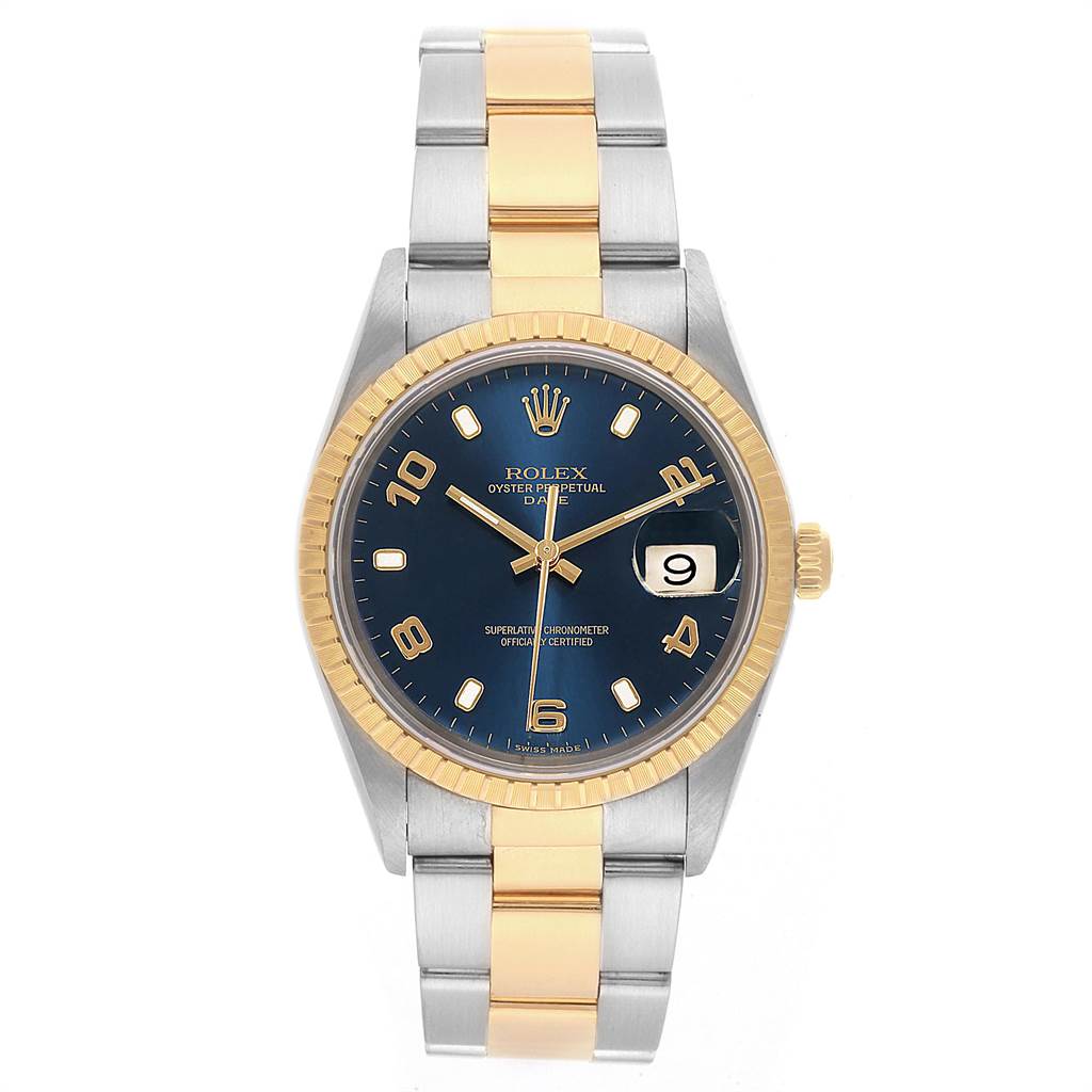 The image shows a front view of the Rolex Date 15223 Men's Steel and Gold (two tone) Blue Dial 15223 Men's Steel and Gold (two tone) Blue Dial model, highlighting the dial, two-tone bracelet, and fluted bezel.