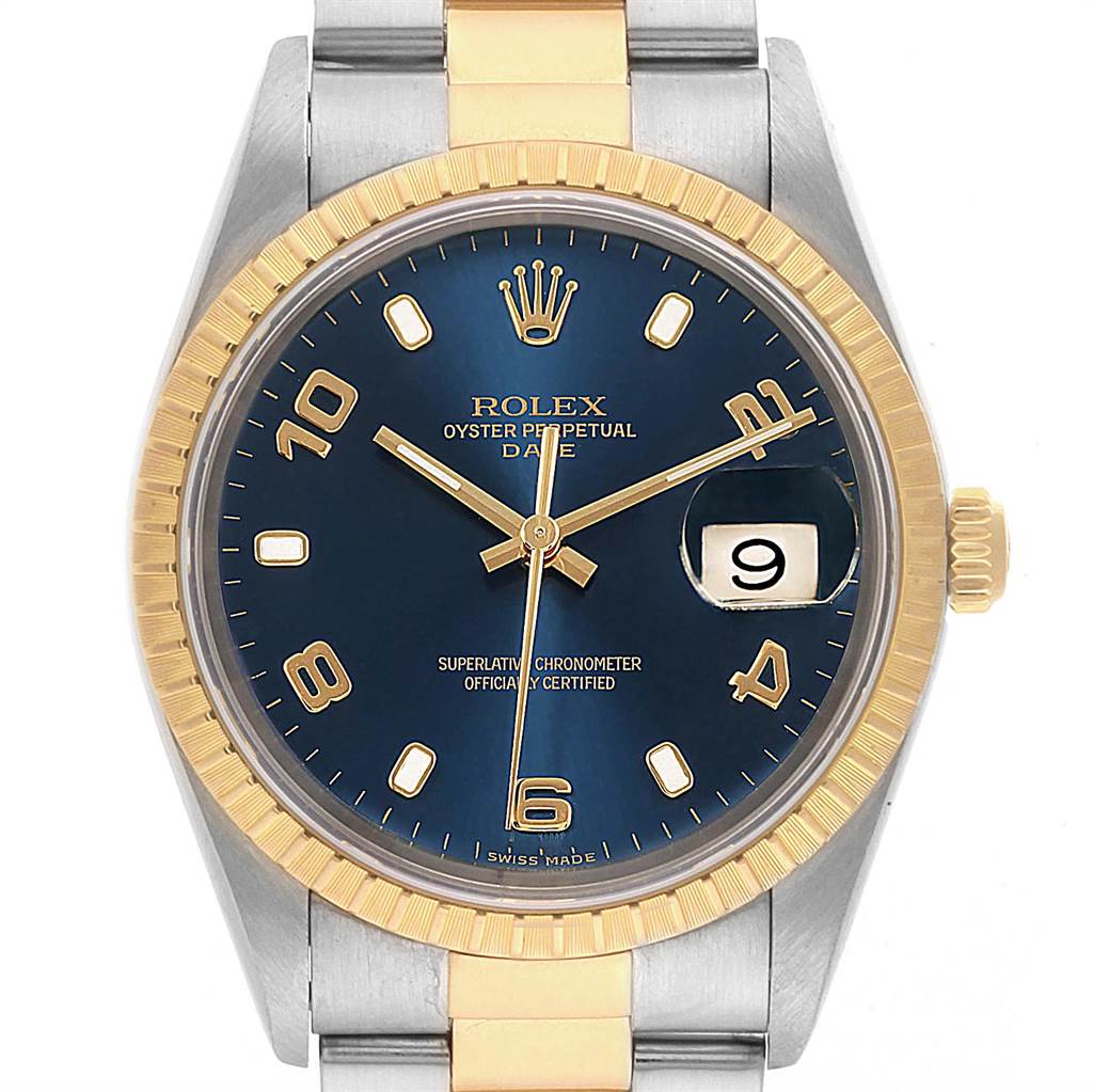 The image shows a front view of the Rolex Date 15223 Men's Steel and Gold (two tone) Blue Dial 15223 Men's Steel and Gold (two tone) Blue Dial model, highlighting the blue dial, gold bezel, and date window.