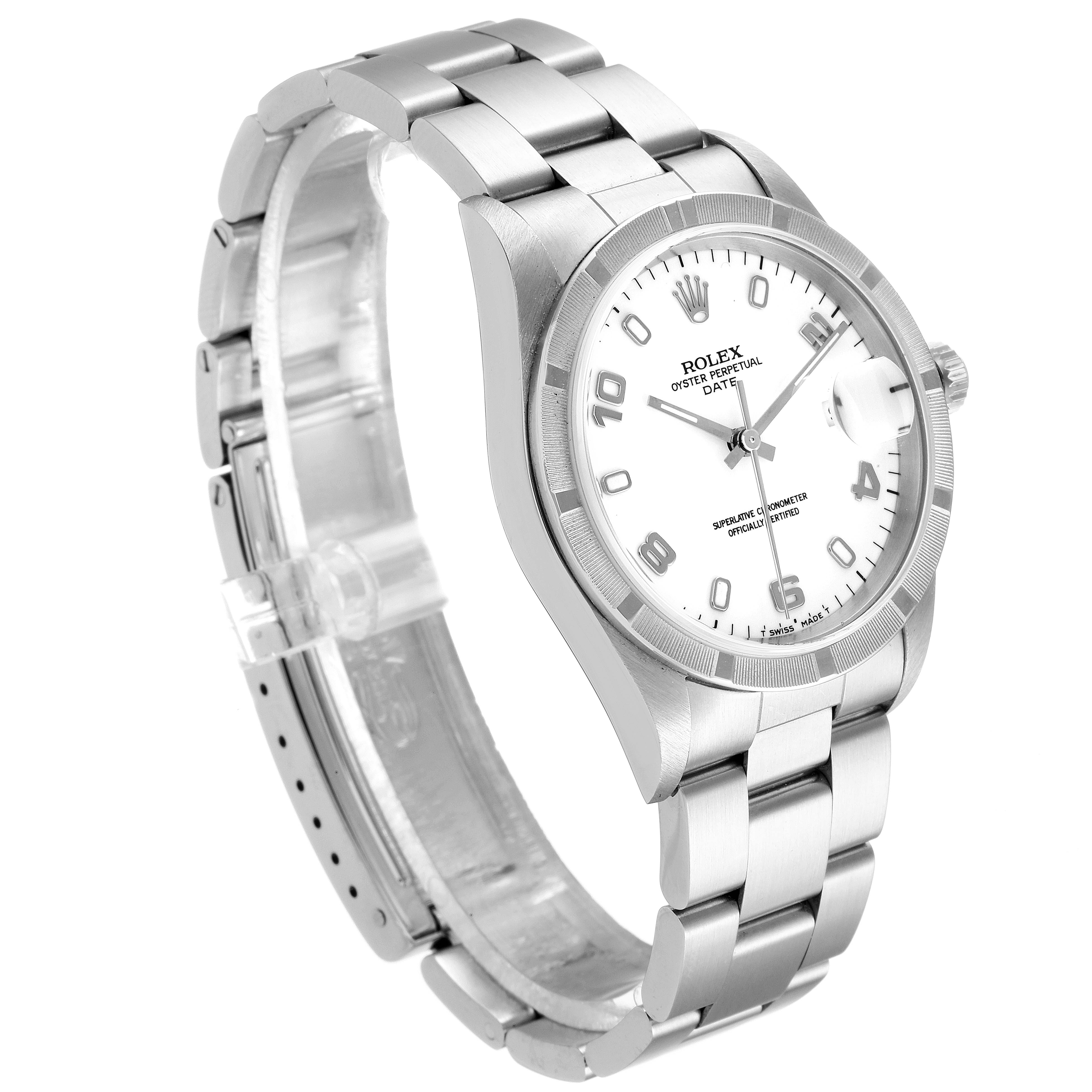 The image shows a Rolex Date 15210 Men's Stainless Steel White Dial 15210 Men's Stainless Steel White Dial model watch at a slight angle, highlighting its face, bracelet, and clasp.