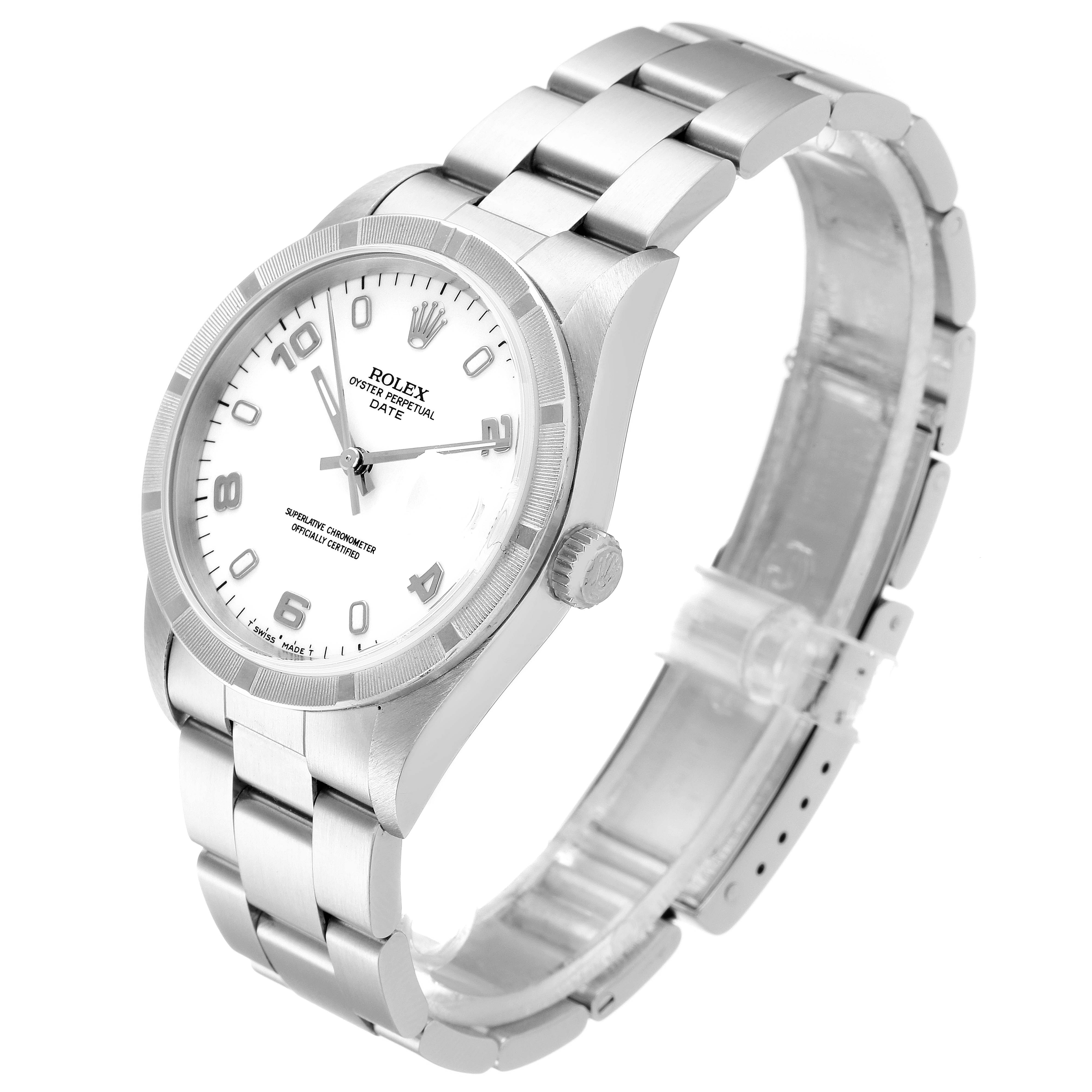 This image shows a Rolex Date 15210 Men's Stainless Steel White Dial 15210 Men's Stainless Steel White Dial model watch from an angled top view, highlighting its face, bezel, crown, and band.