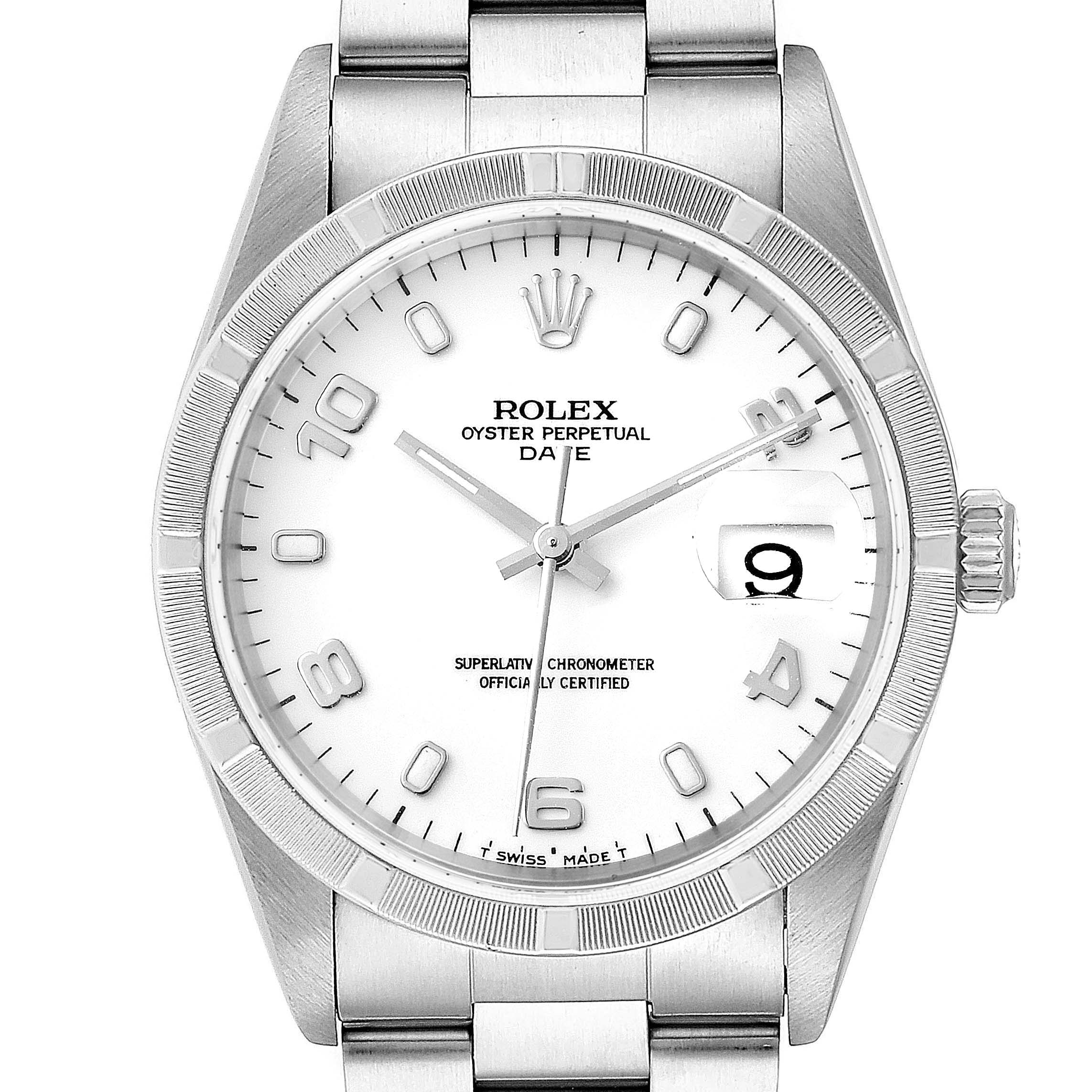 The image shows a front view of a Rolex Date 15210 Men's Stainless Steel White Dial 15210 Men's Stainless Steel White Dial model, highlighting its white dial, indices, metal bracelet, and date window with a magnifier.