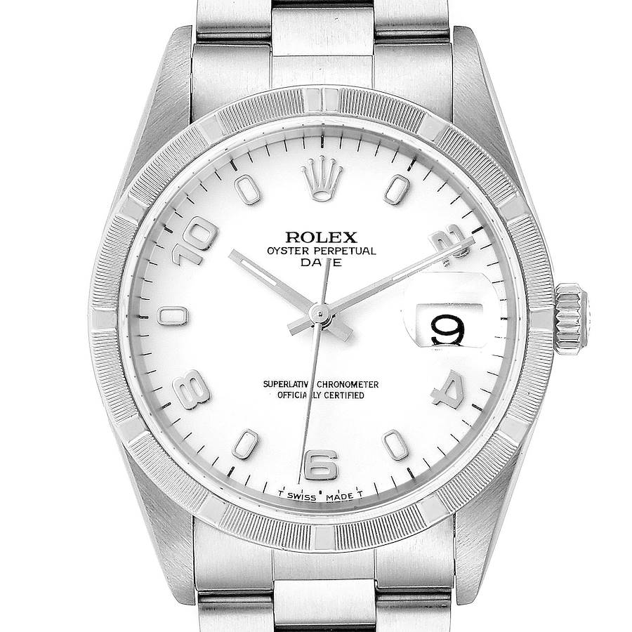 Rolex Date White Dial Engine Turned Bezel Steel Mens Watch 15210 SwissWatchExpo