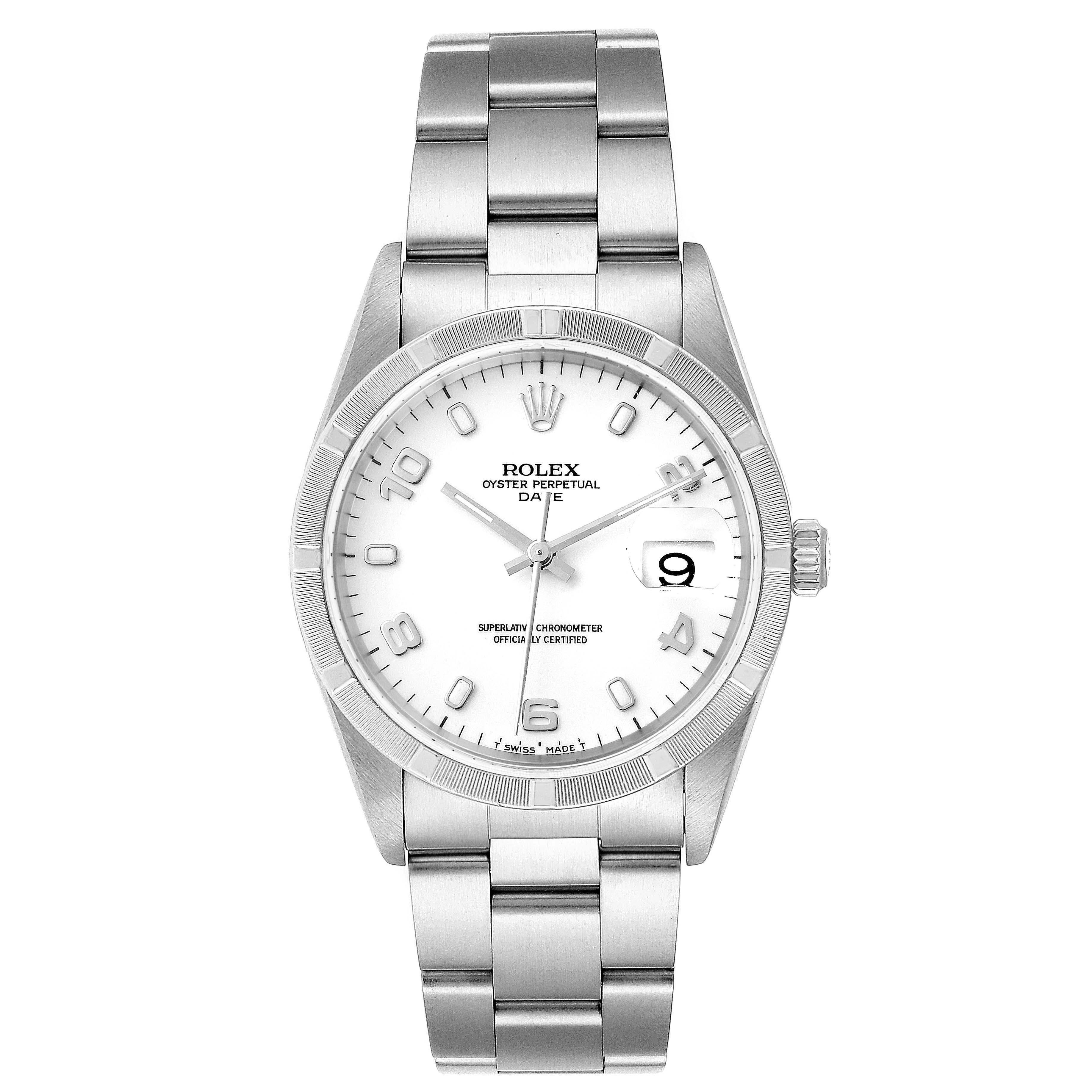 The image shows a front view of a Rolex Date 15210 Men's Stainless Steel White Dial 15210 Men's Stainless Steel White Dial watch, displaying its dial, bracelet, crown, and bezel.