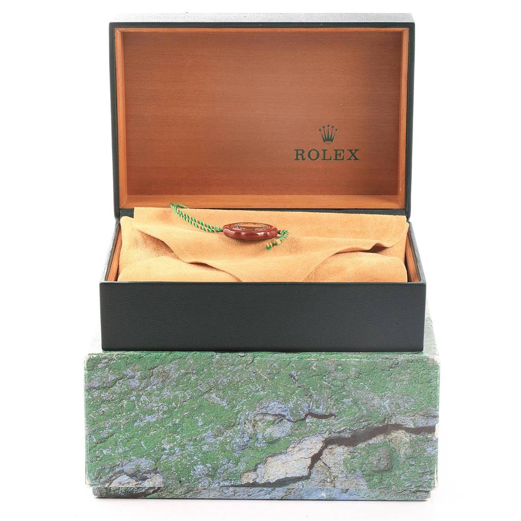 The image shows a Rolex Date 15210 Men's Stainless Steel White Dial 15210 Men's Stainless Steel White Dial model watch box, open, with a beige cloth and official seal tag inside.