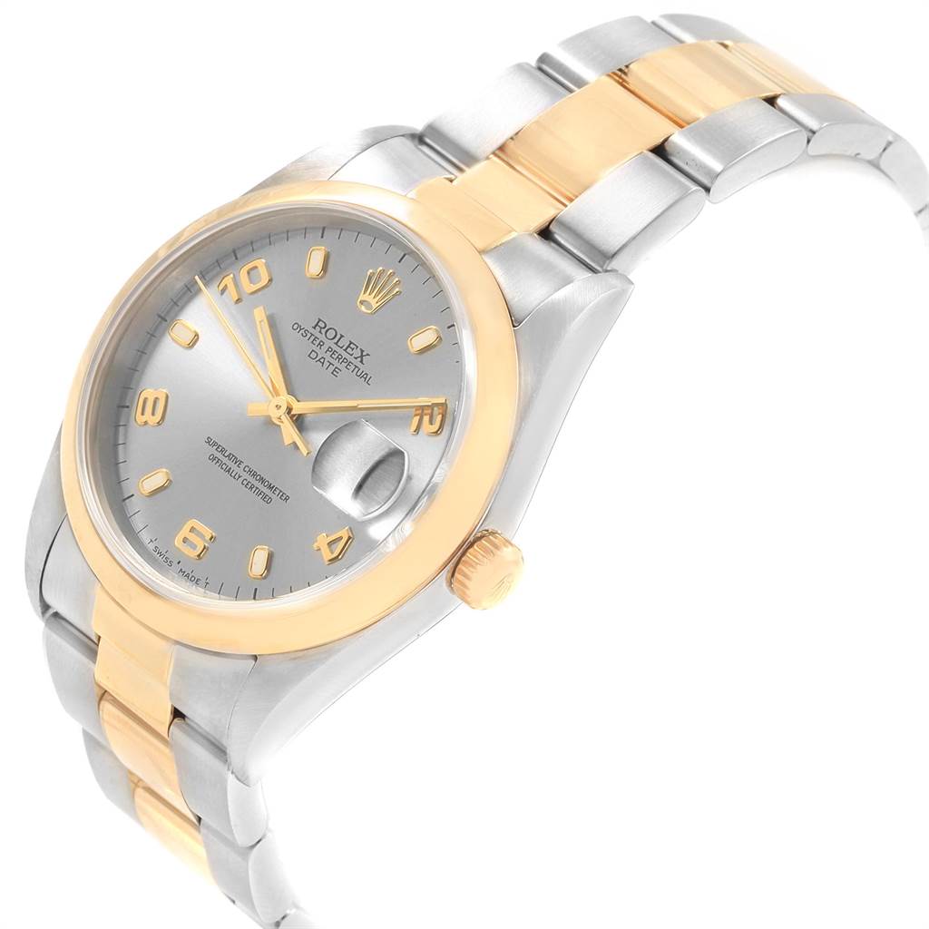 The image shows a Rolex Date 15203 Men's Steel and Gold (two tone) Grey Dial 15203 Men's Steel and Gold (two tone) Grey Dial model watch from an angled perspective, displaying the dial, bezel, crown, and bracelet.