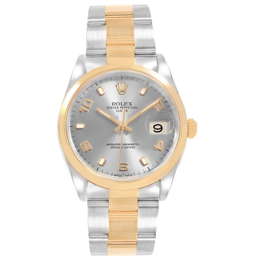 This is a front-view image of a Rolex Date 15203 Men's Steel and Gold (two tone) Grey Dial 15203 Men's Steel and Gold (two tone) Grey Dial model watch showing its dial, bezel, crown, and two-tone bracelet.