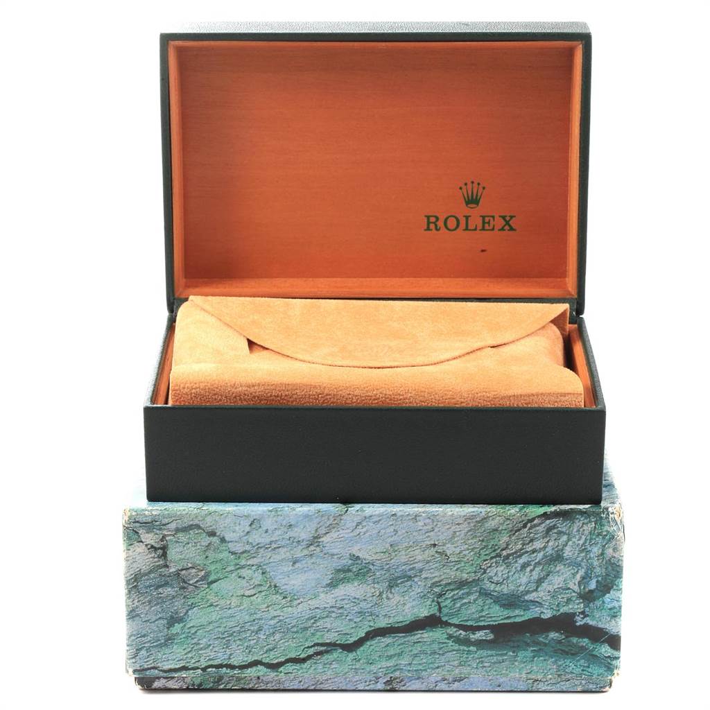 The image shows a Rolex Date 15203 Men's Steel and Gold (two tone) Grey Dial 15203 Men's Steel and Gold (two tone) Grey Dial model watch box, with the watch inside a protective pouch, viewed from the front.