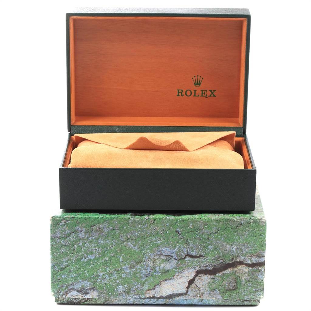 The image shows an open Rolex Date 15200 Men's Stainless Steel Silver Dial 15200 Men's Stainless Steel Silver Dial model watch box with an interior cushion, viewed from the front.