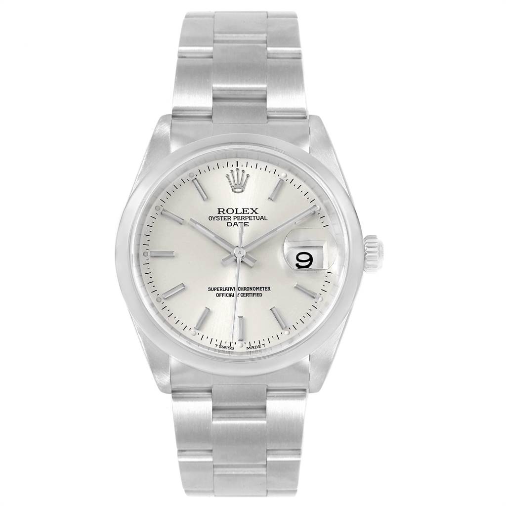 The image shows a Rolex Date 15200 Men's Stainless Steel Silver Dial 15200 Men's Stainless Steel Silver Dial model watch from the front, highlighting the dial, bracelet, and date magnifier.