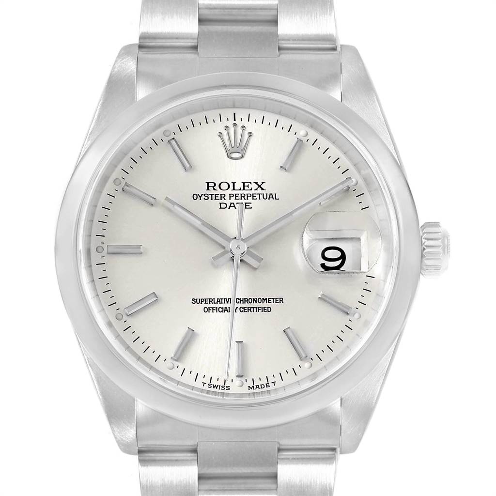 The image shows a Rolex Date 15200 Men's Stainless Steel Silver Dial 15200 Men's Stainless Steel Silver Dial model watch from a front angle, highlighting the dial, hands, date window, and bracelet.