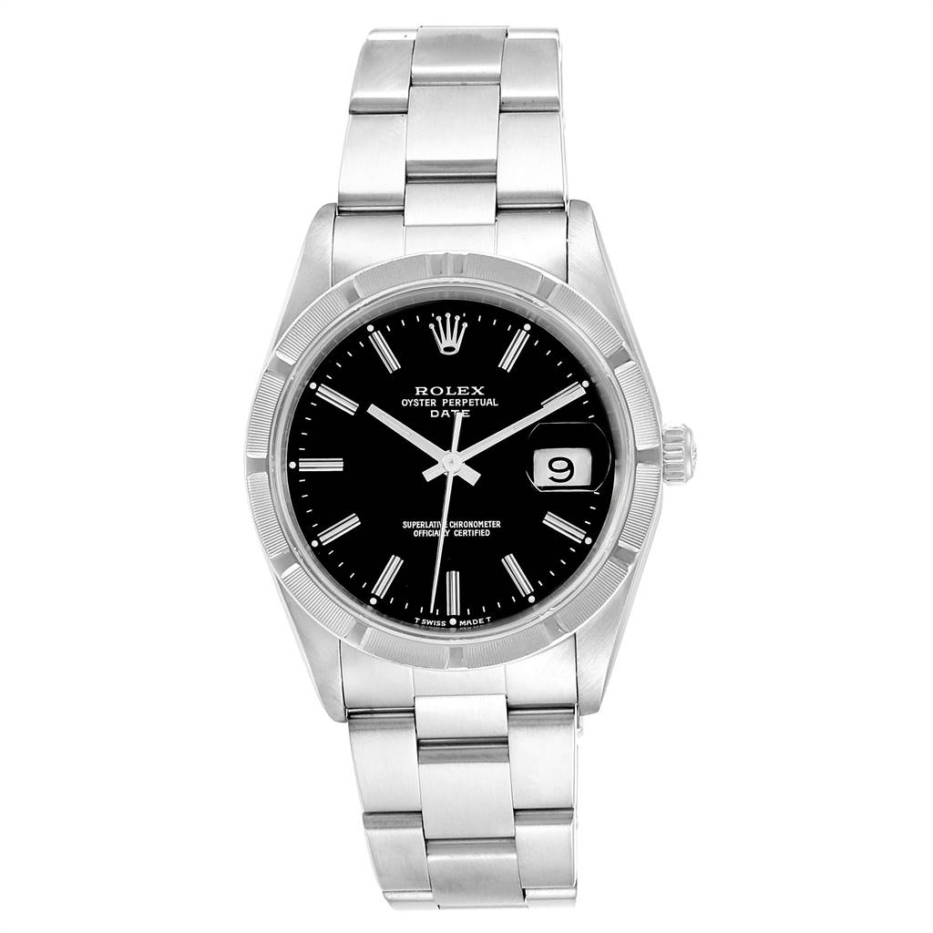 The image shows a front view of the Rolex Date 15210 Men's Stainless Steel Black Dial 15210 Men's Stainless Steel Black Dial model, highlighting its black dial, silver hands, date window, and metal bracelet.