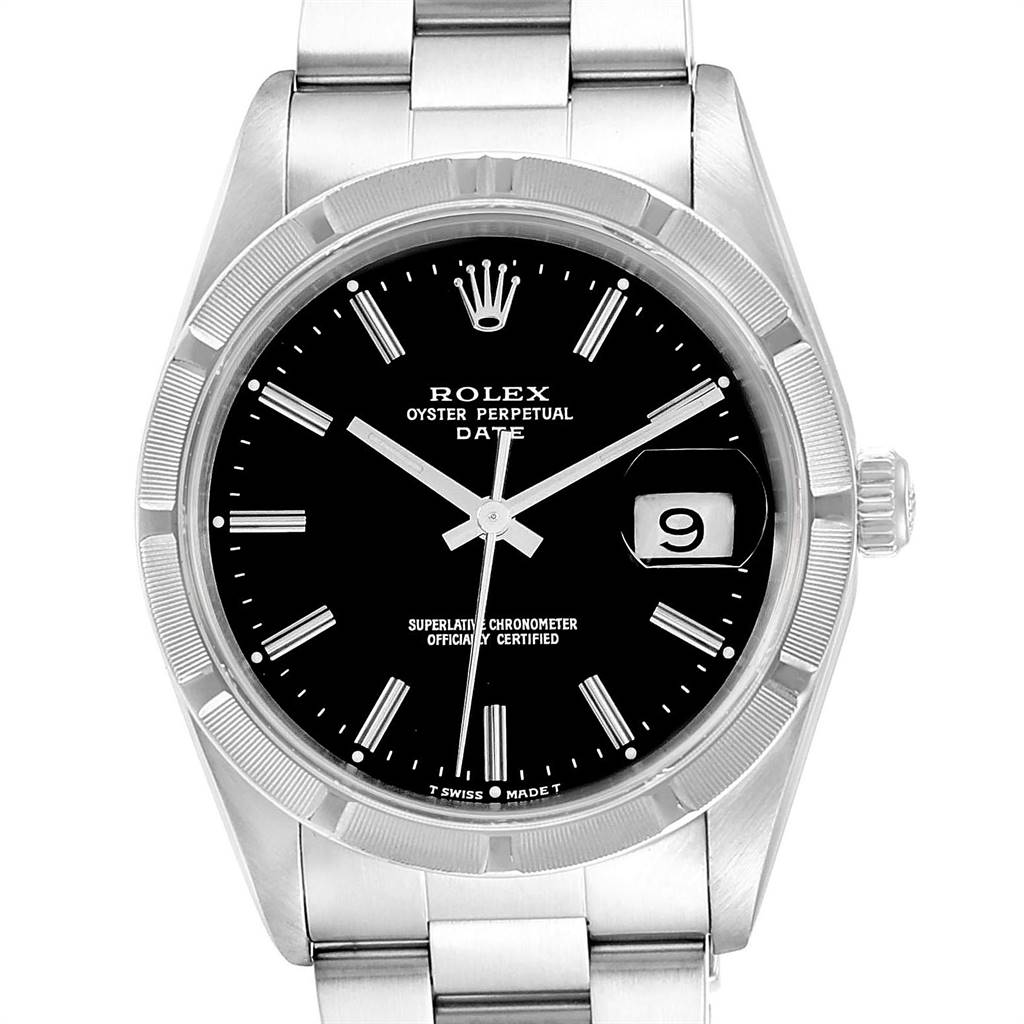 This image shows a front view of a Rolex Date 15210 Men's Stainless Steel Black Dial 15210 Men's Stainless Steel Black Dial model, featuring its dial, bezel, and bracelet.